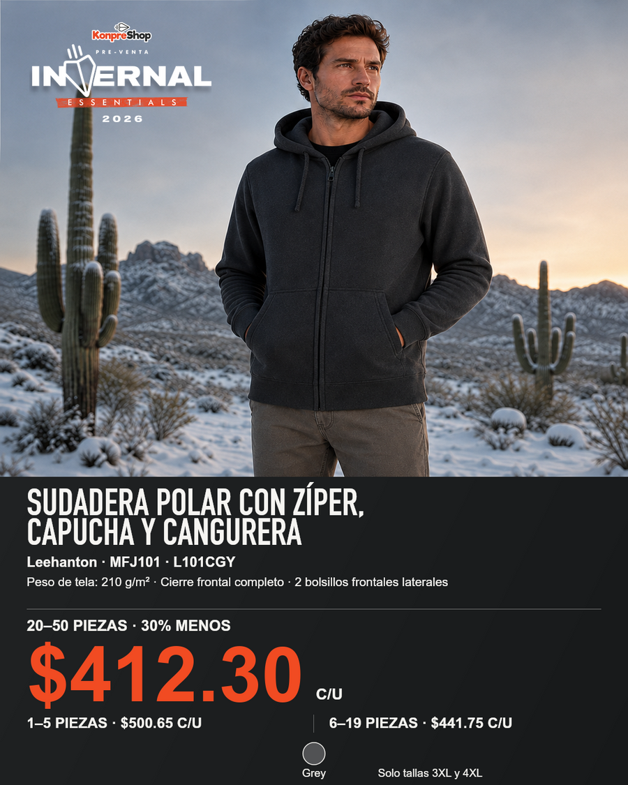 Sudadera Polar con Zíper, Capucha y Cangurera Leehanton MFJ101 — $589 (Grey, solo 3XL/4XL)