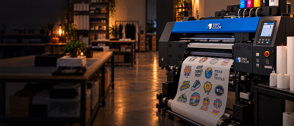 Plotter DTF KonpreShop en taller con iluminación otoñal discreta