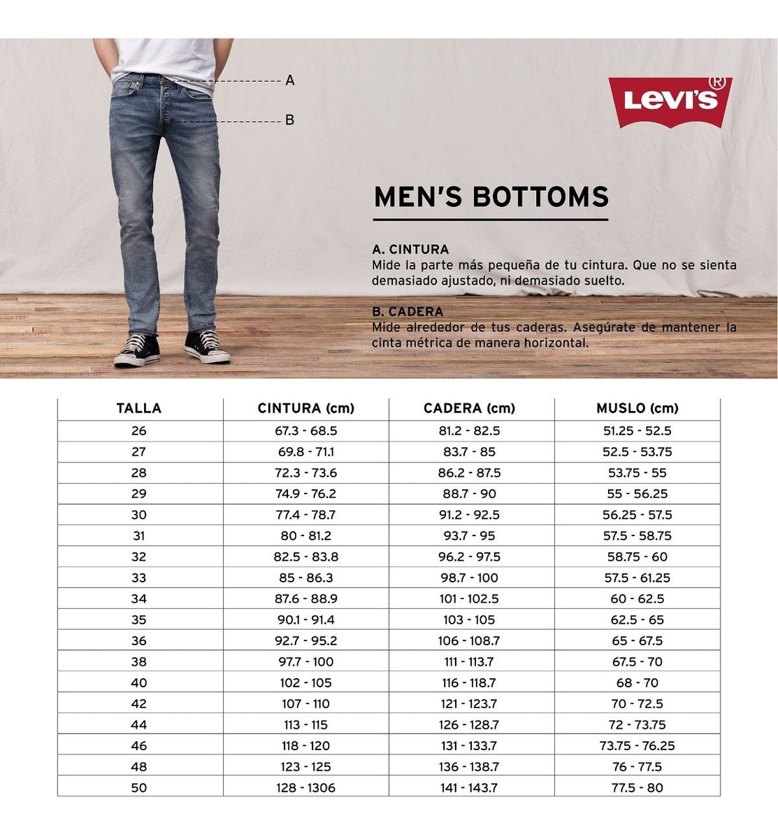 Guía de tallas de Levi's 501 ORIGINAL CUT 00501-0193