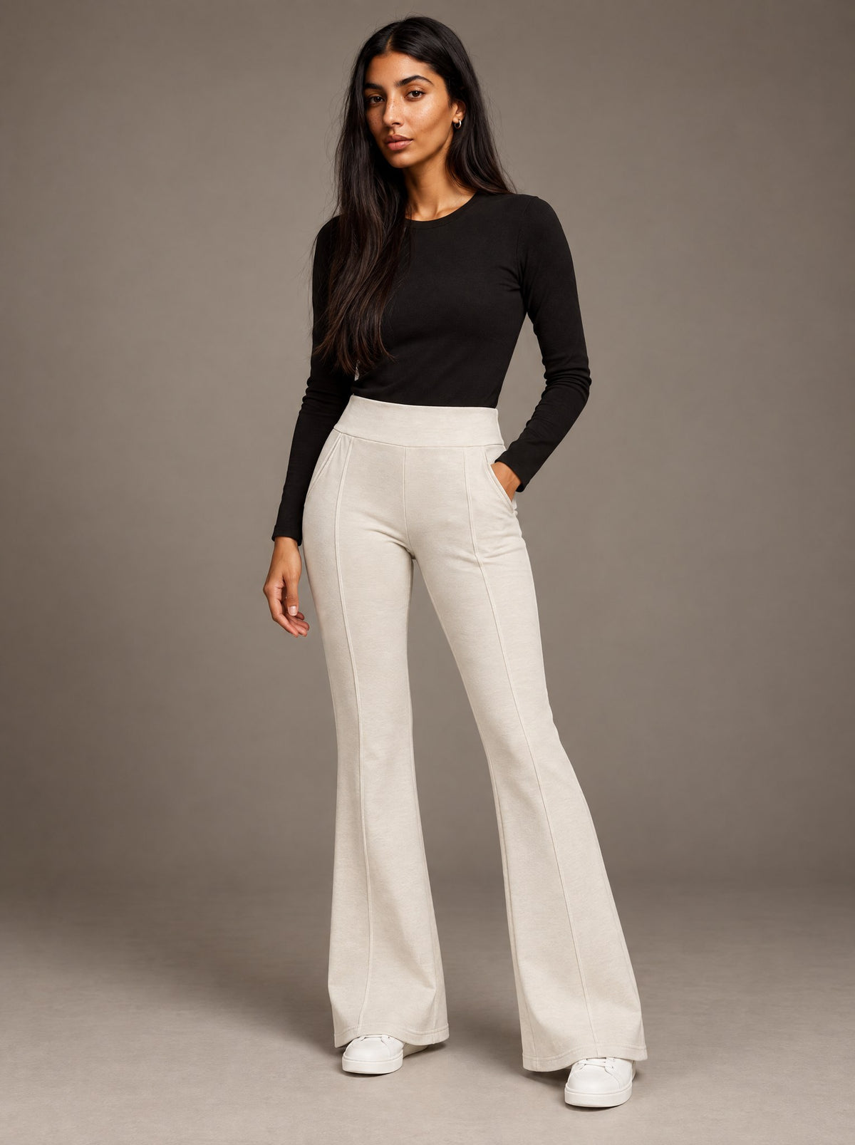 Pantalón Acampanado Pretina Alta Dama Vertical Eagle – Beige – frente