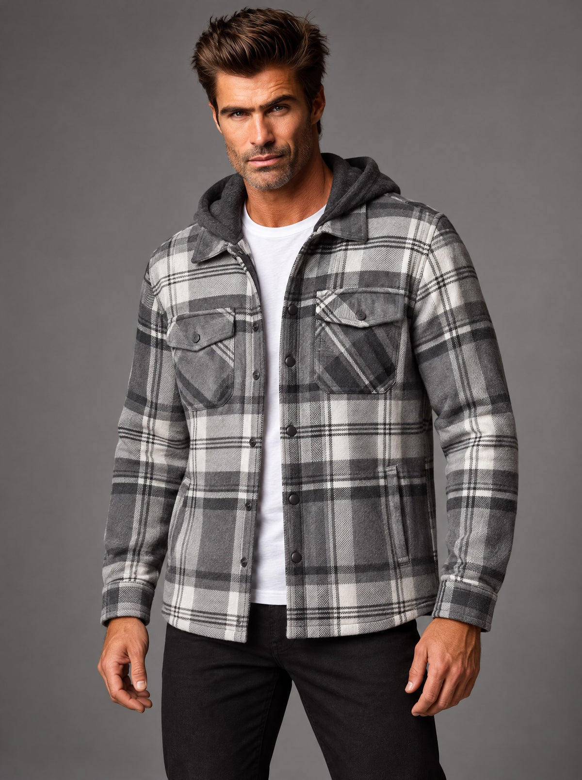 Chamarra Camisera a Cuadros con Gorro Caballero Vertical Eagle – Gris Carbón – frente
