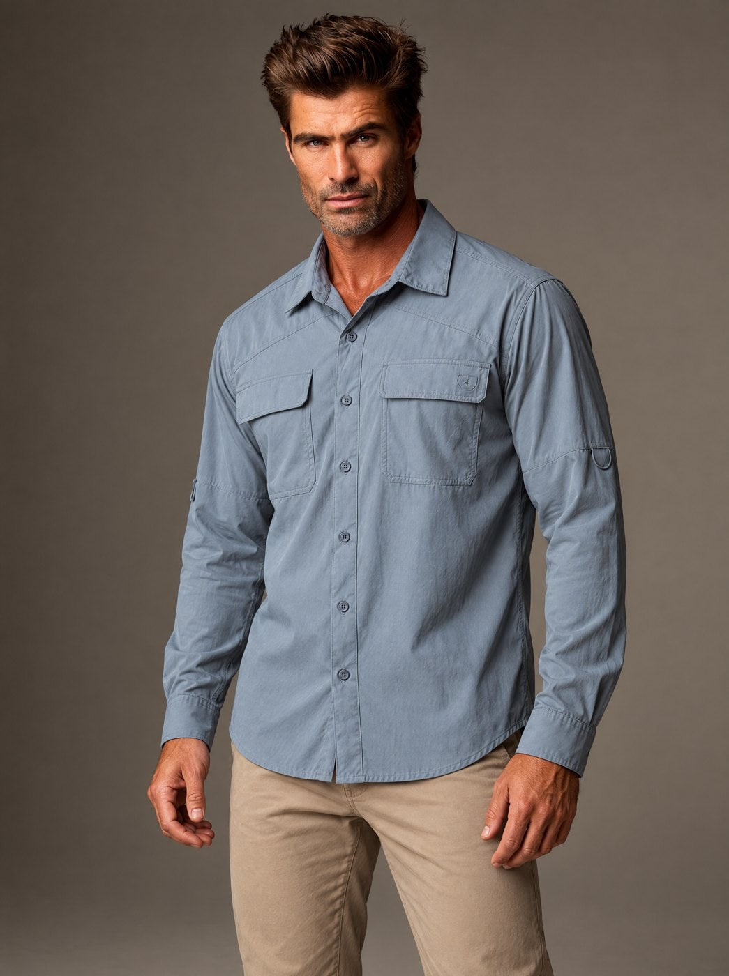 Camisa Tipo Pescador Manga Larga Caballero Vertical Eagle – Azul Pizarra – frente
