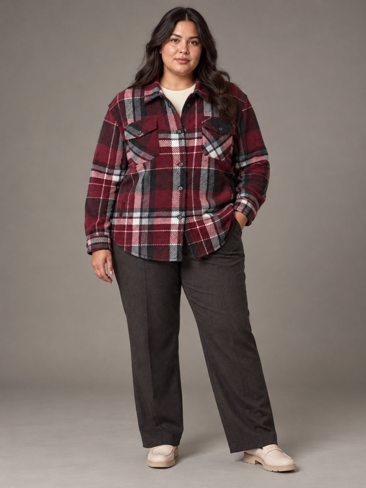 Chamarra Camisera a Cuadros con Forro Dama Talla Extra Vertical Eagle – Vino – talla extra