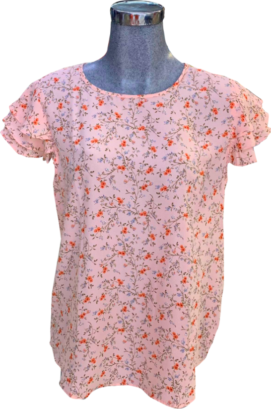 Comprar rojo T12131 SHORT CAP RUFFLE SLEEVE ROUND NECK PRINTED WOVEN TOP