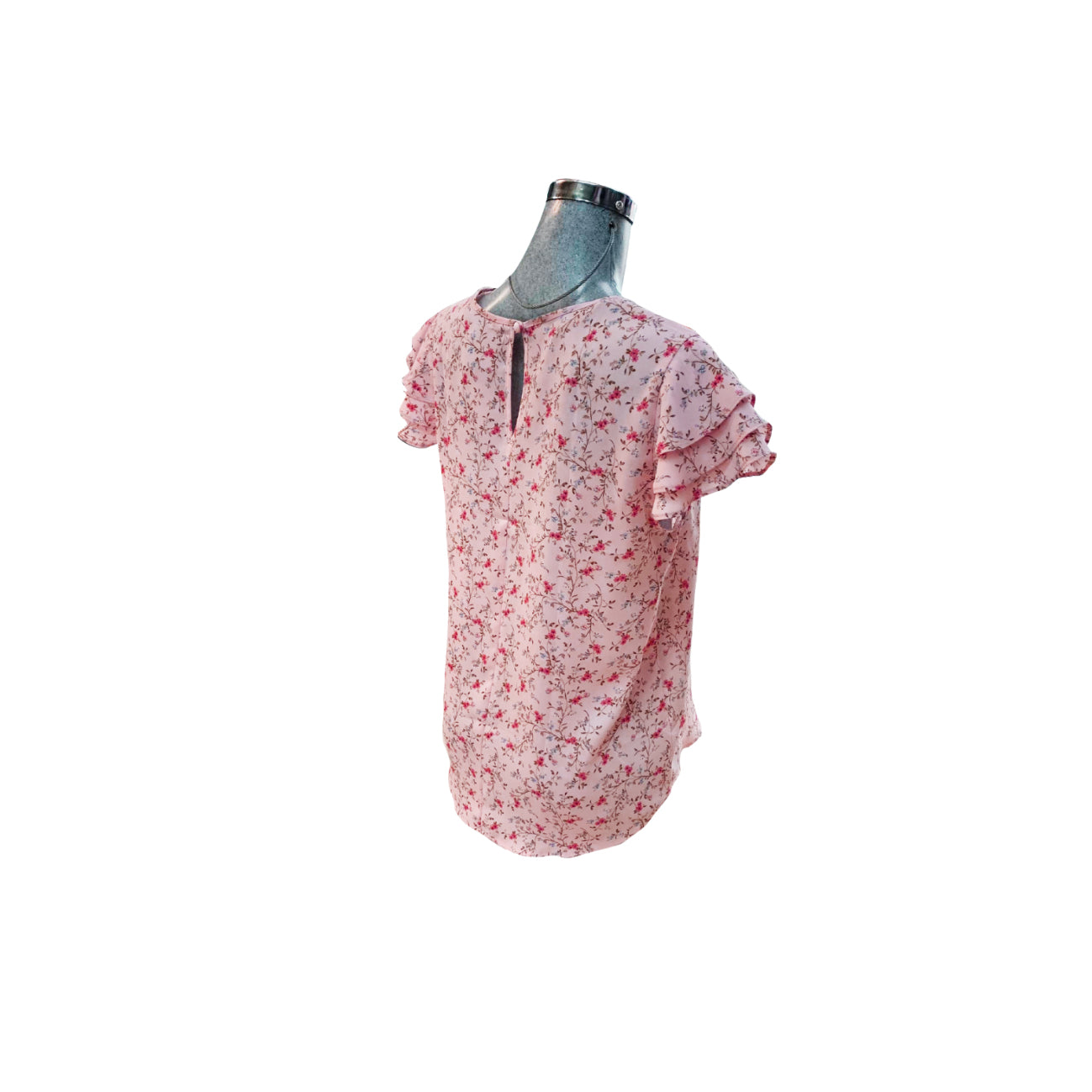 T12131 SHORT CAP RUFFLE SLEEVE ROUND NECK PRINTED WOVEN TOP - 0