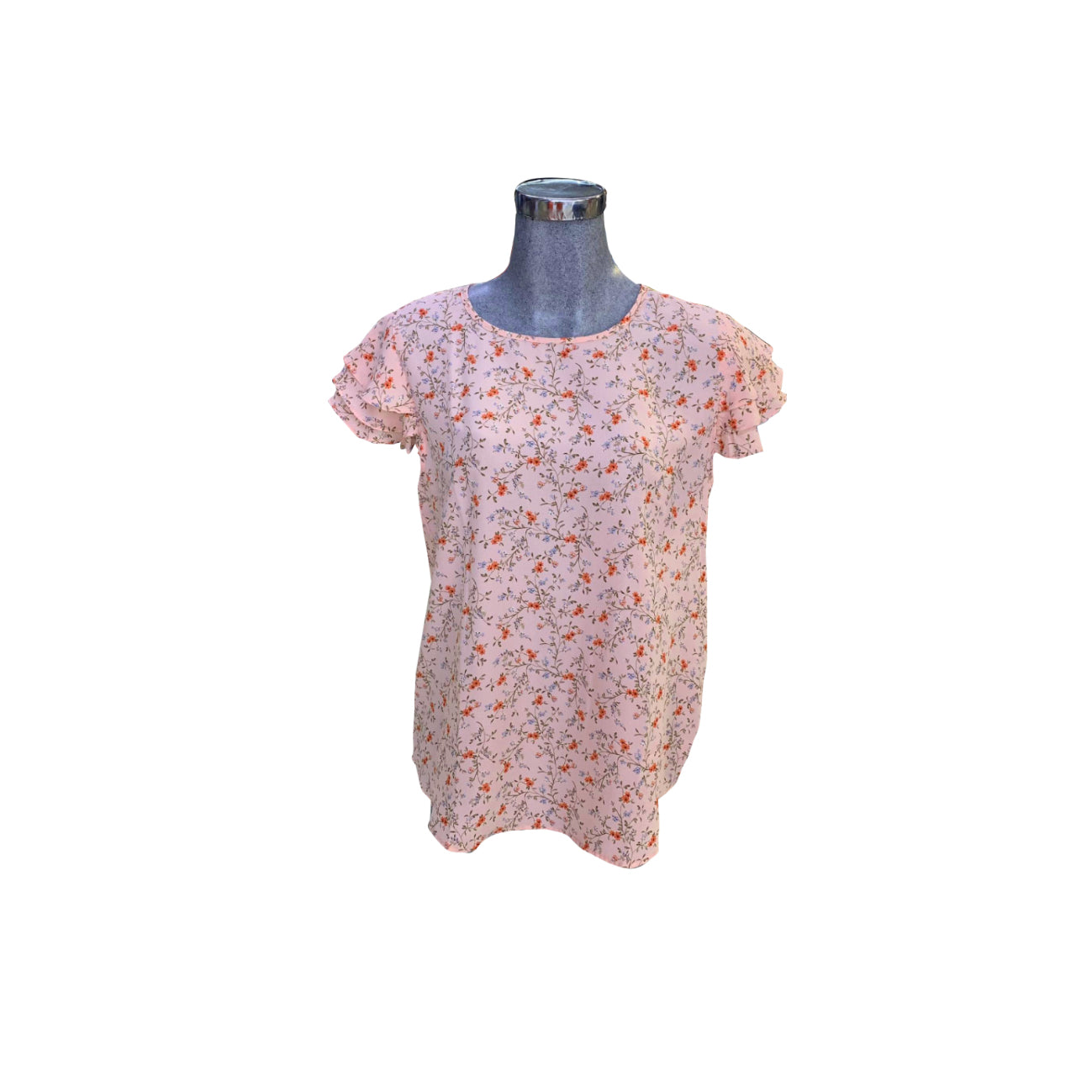 T12131 SHORT CAP RUFFLE SLEEVE ROUND NECK PRINTED WOVEN TOP
