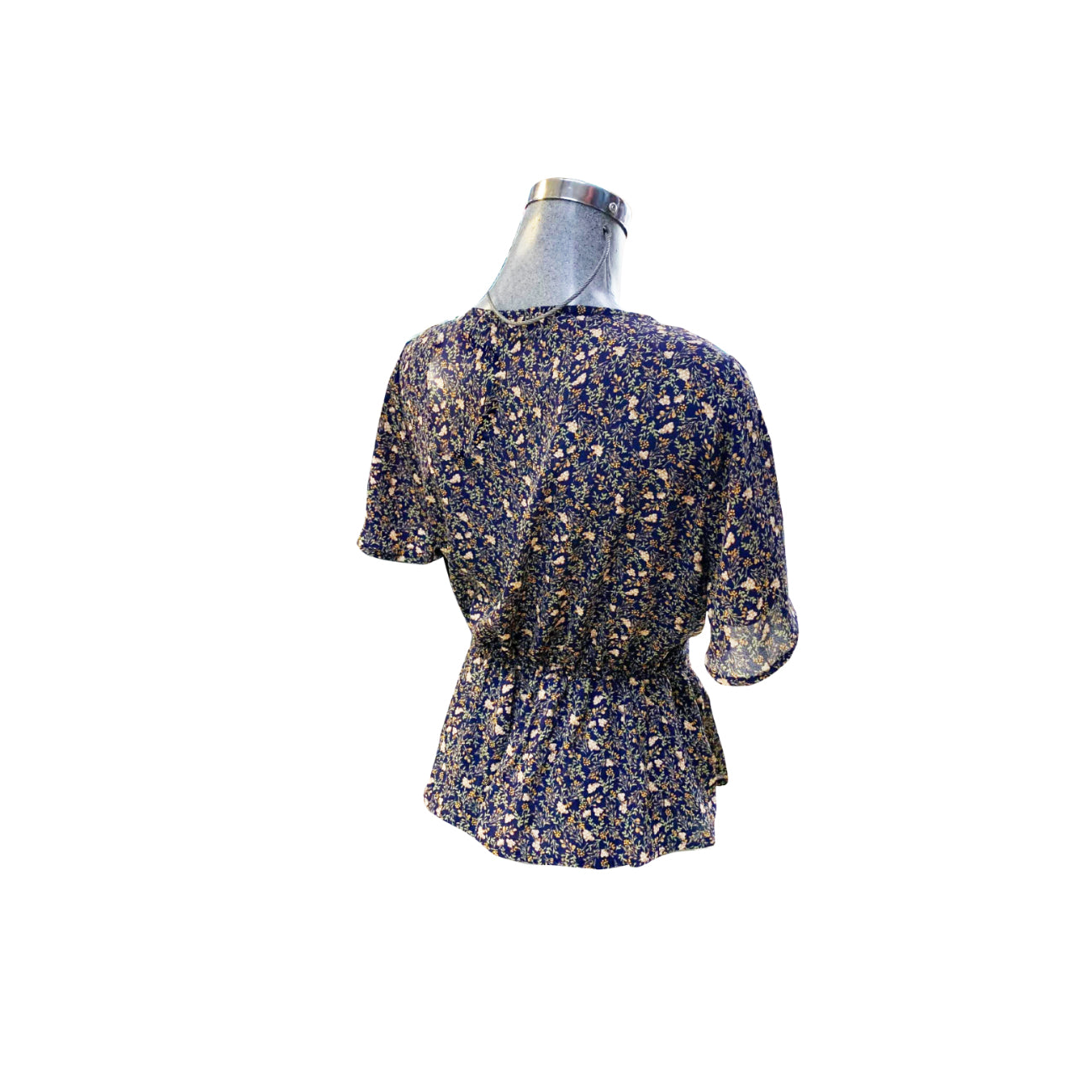 T12125 SHORT BELL SLEEVE V-NECK BUTTON DOWN FLOUNCE HEM BELTED PRINTED WOVEN TOP - 0