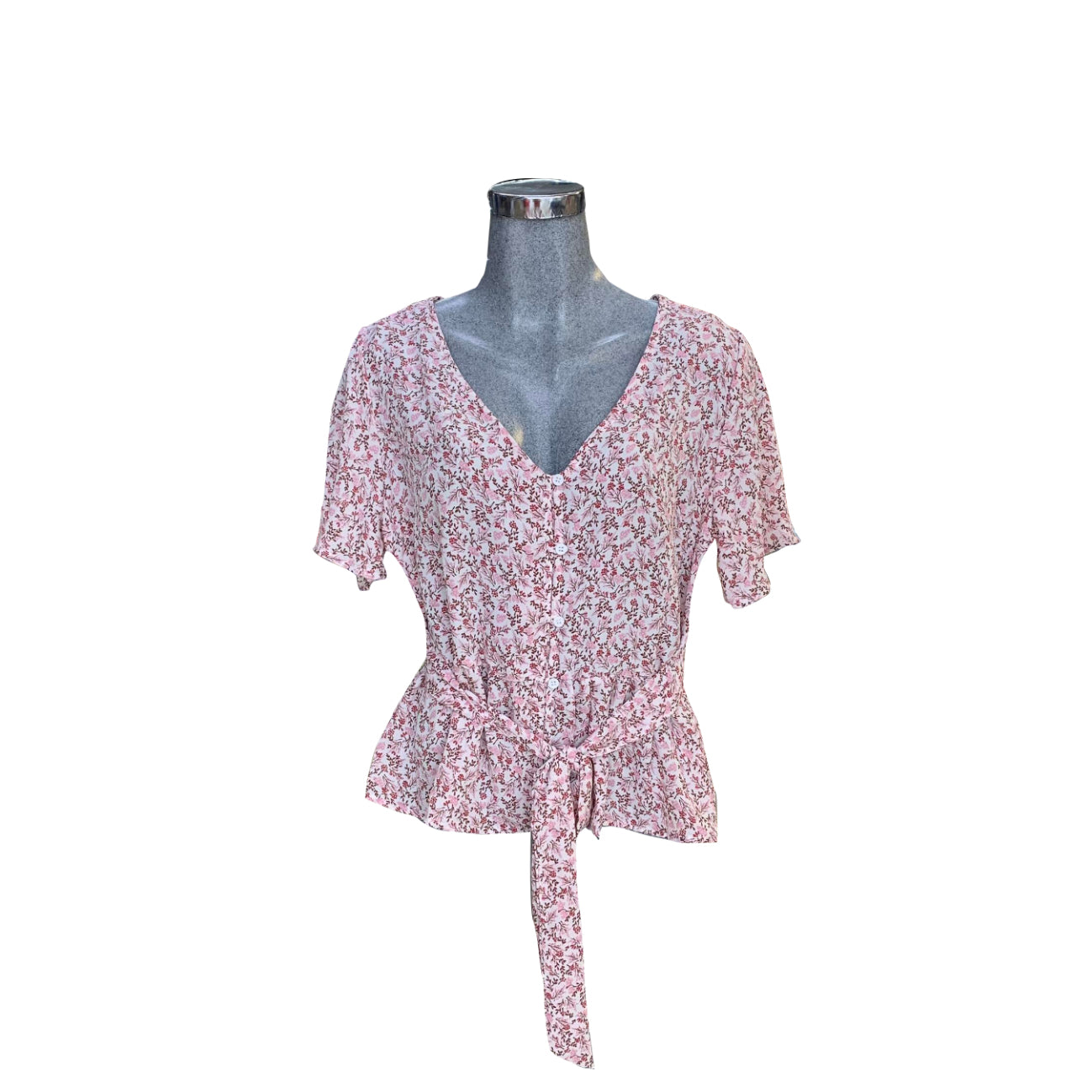 Comprar rosa-palo T12125 SHORT BELL SLEEVE V-NECK BUTTON DOWN FLOUNCE HEM BELTED PRINTED WOVEN TOP