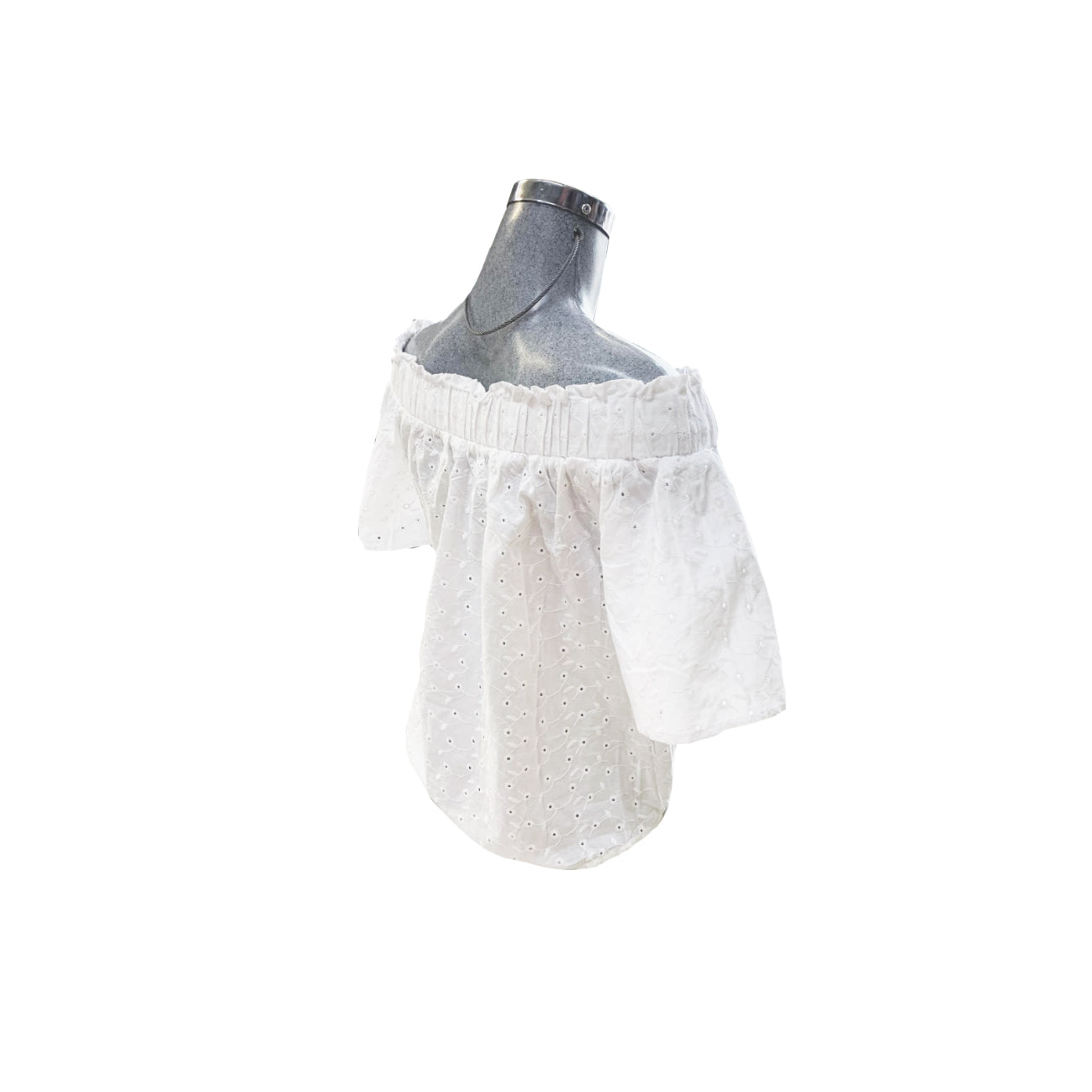 T11632  SHORT SLEEVE OFF THE SHOULDER EYELET WOVEN TOP