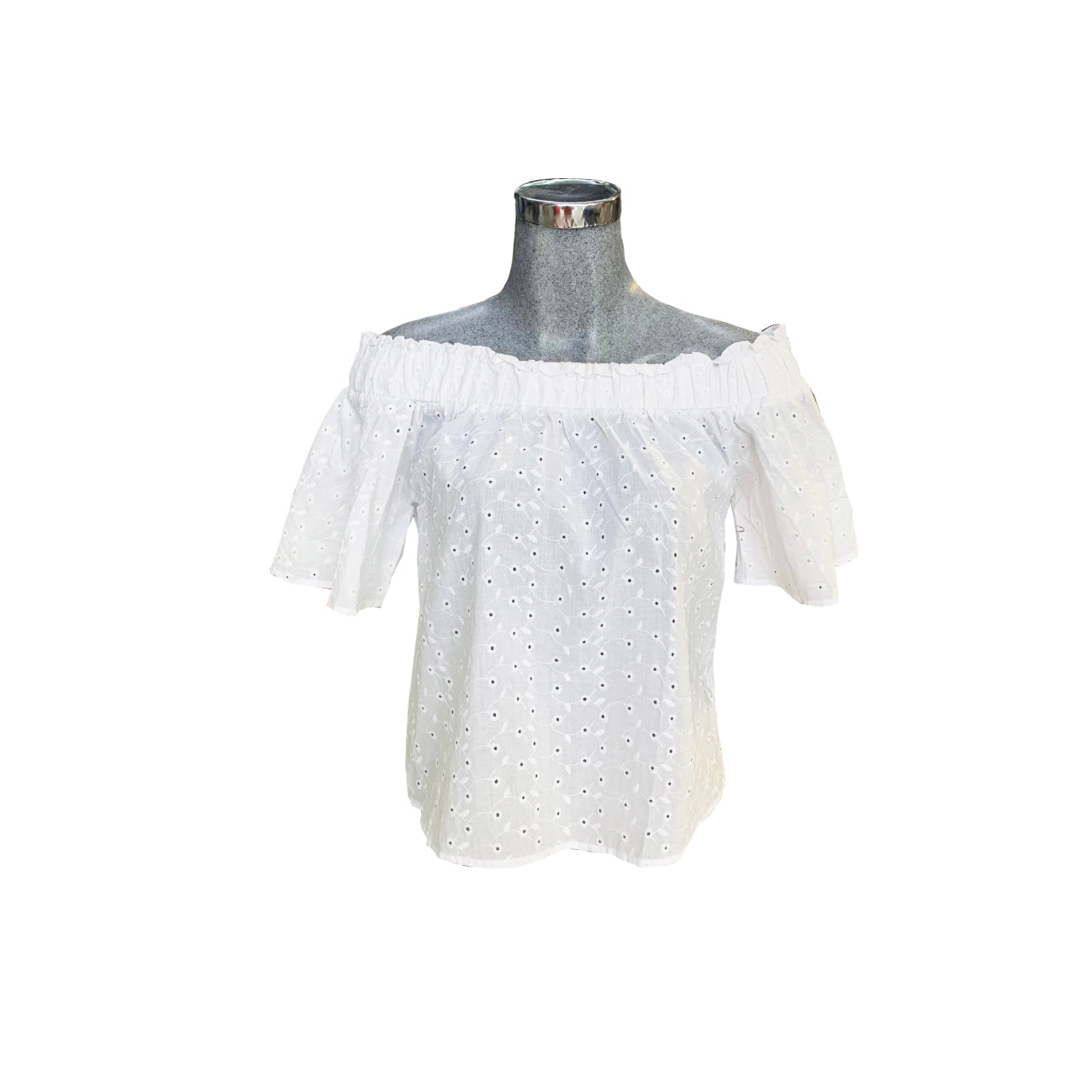 T11632  SHORT SLEEVE OFF THE SHOULDER EYELET WOVEN TOP - 0